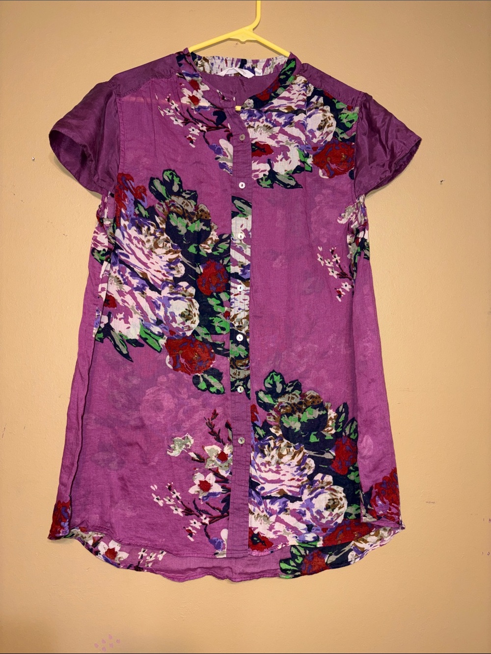 Soft Surroundings XL Cotton Silk Purple Floral Button-Up Tunic Summer Shirt